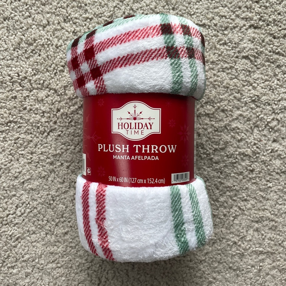 Holiday Time Printed Plush Plaid Red Green White Throw Fuzzy Blanket 50x60"